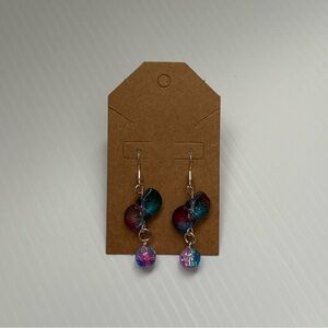 Handmade Silver Fishhook Earrings with Blue/Pink Shell and Round Crackled Beads